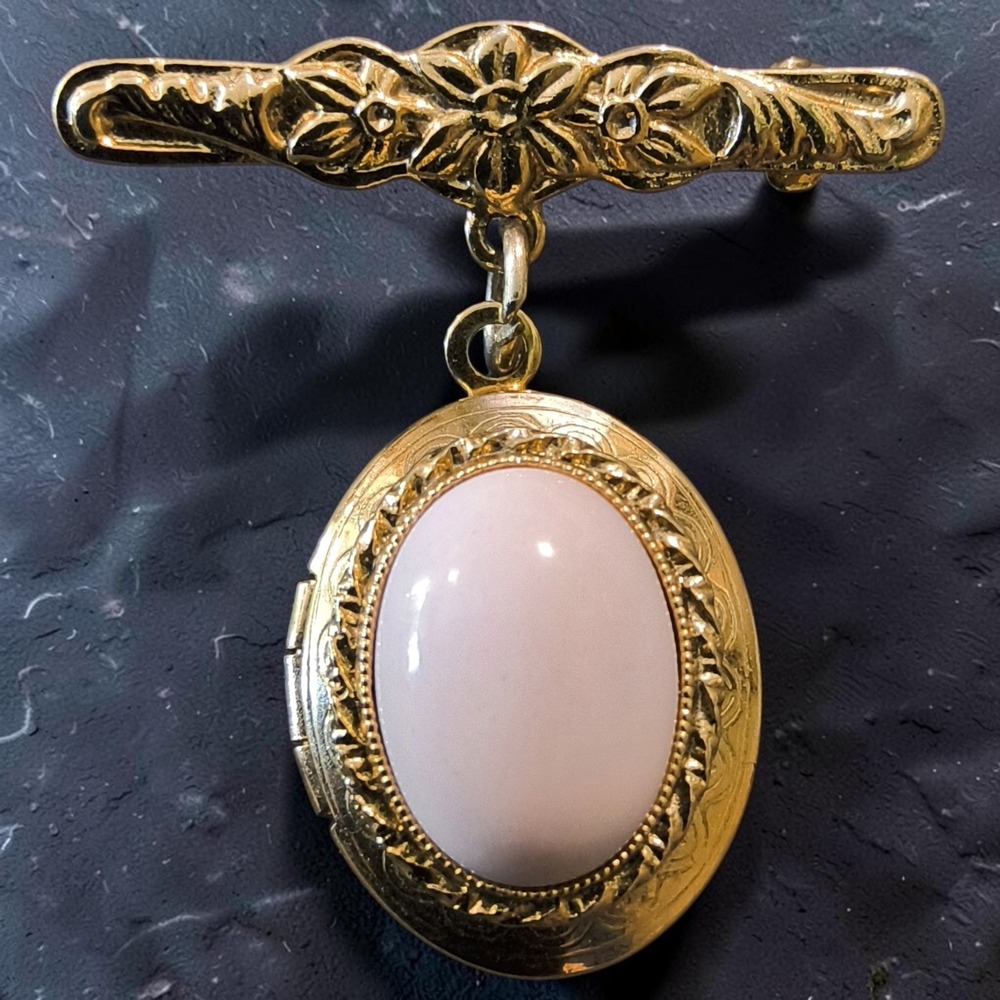 Vintage Victorian Revival Pink Cabochon Locket Brooch Gold Tone Floral Bar